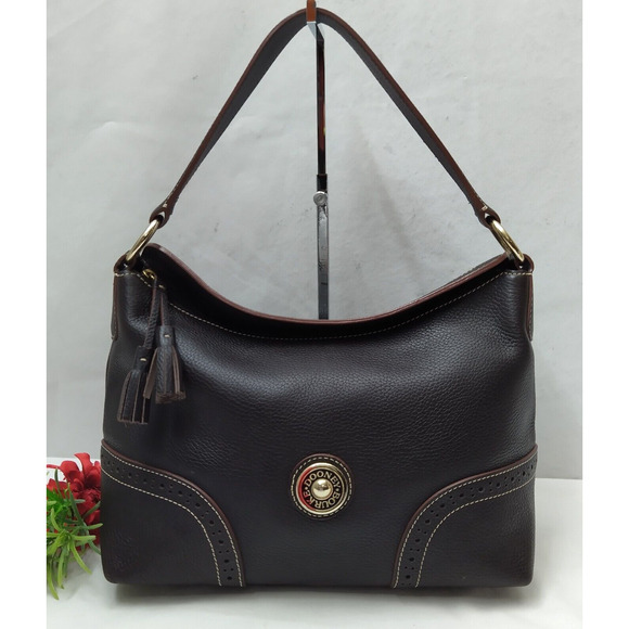 Dooney & Bourke Brown Pebbled Leather Round Logo Zipper Hobo Shoulder Bag - Picture 1 of 16